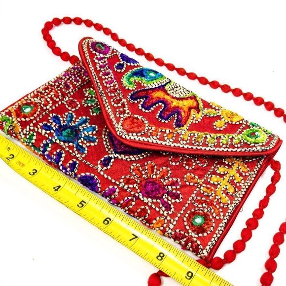 Red Textile Embroidered Envelope Clutch Purse India Elephant - Picture 7 of 9